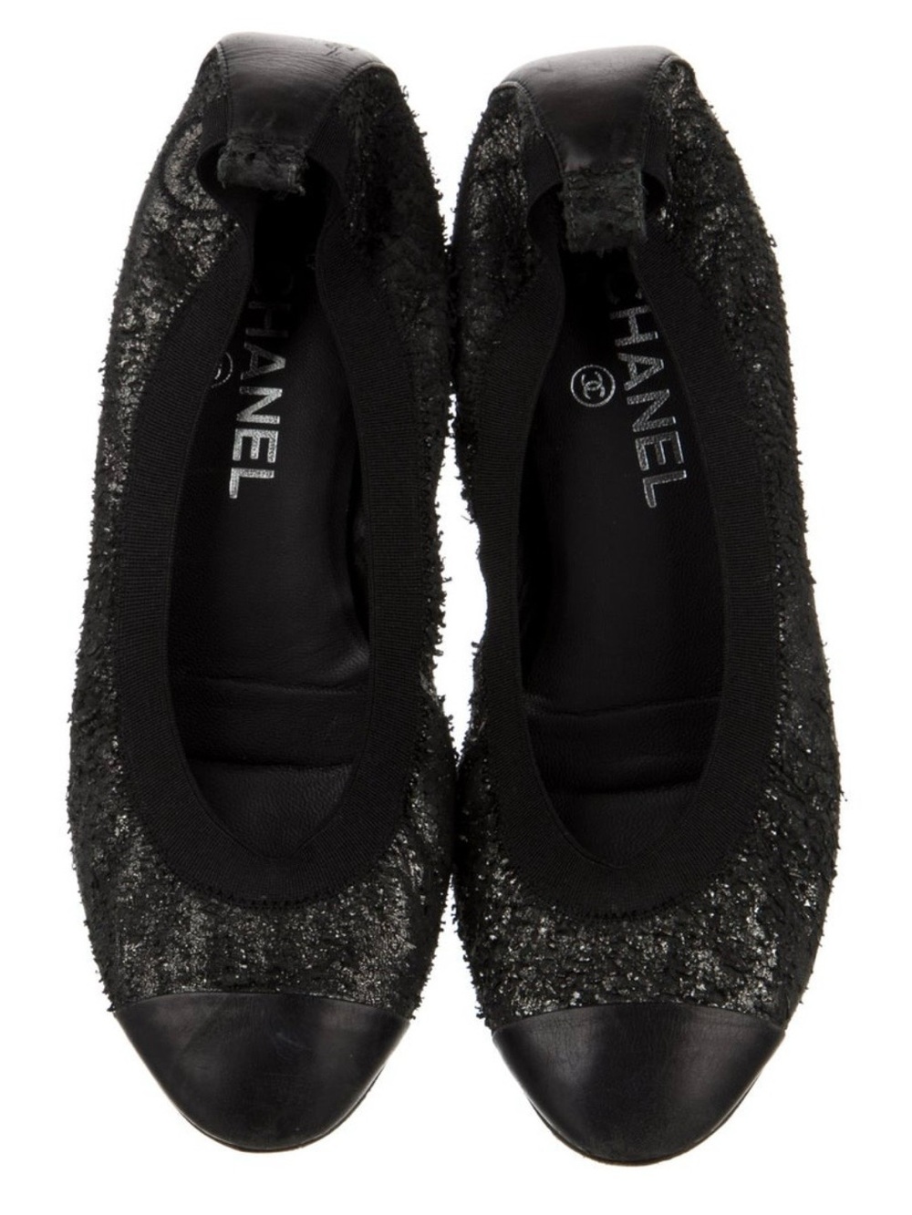 CHANEL Black Sequin Cap-Toe Ballet Flats
